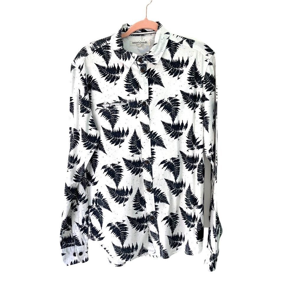 Anerkjendt Button Up Shirt Mens Size Medium M Tree Print Long Sleeve White Black